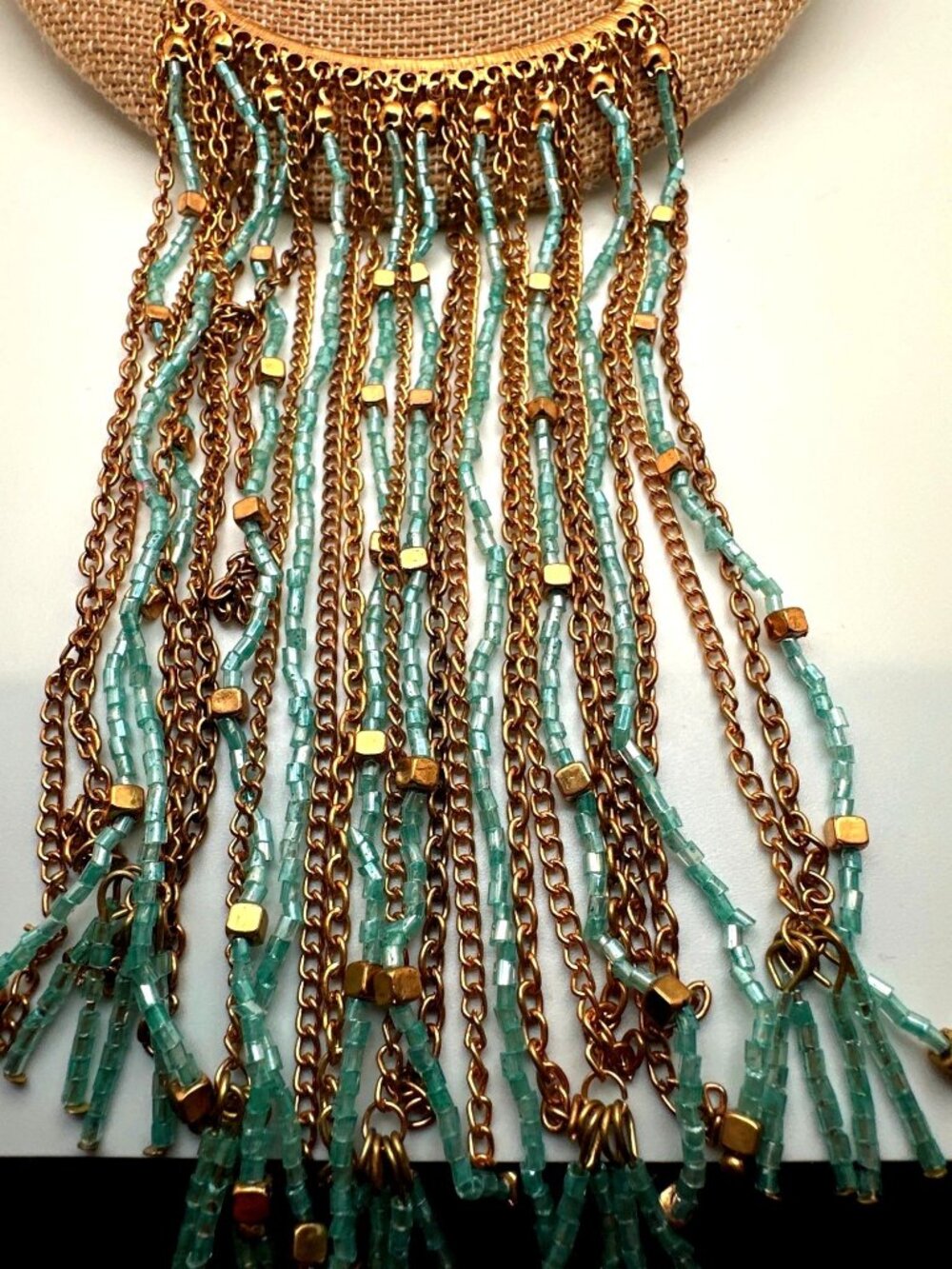 Coastal Boho Statement Fringe Bib Necklace Blue Tassel Beads Carol Dauplaise - Picture 4 of 11